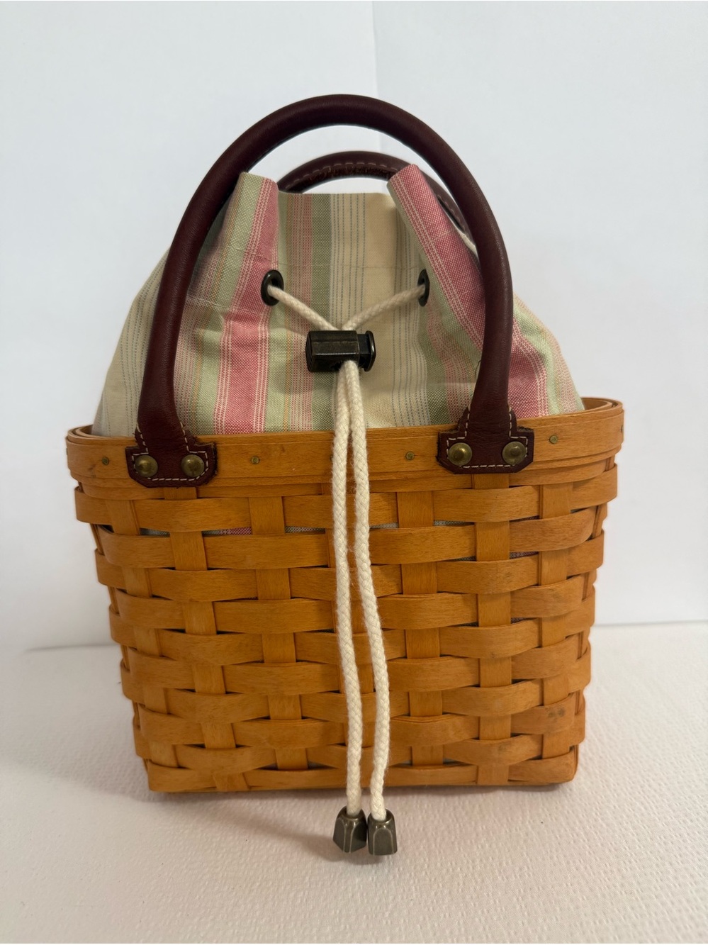 Longaberger Basket Handbag with Pink & Cream Stripe Drawstring Insert